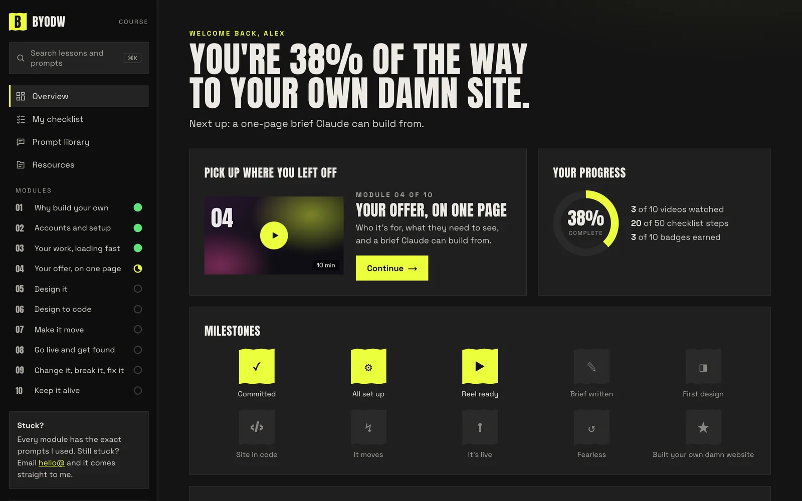 The course portal: your progress, your next step, your badges